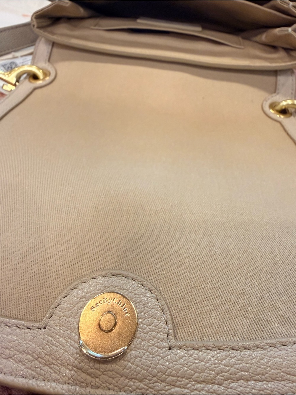See by Chloé Mini Hana Crossbody Cement Beige Leather Gold Ring Dust Bag - Picture 9 of 11